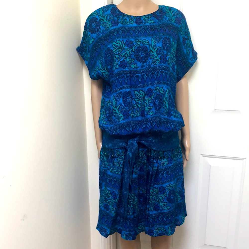 VTG 80s Carole Little Tropical Hawaiian Print Dress Beaded Blouson Sz 8